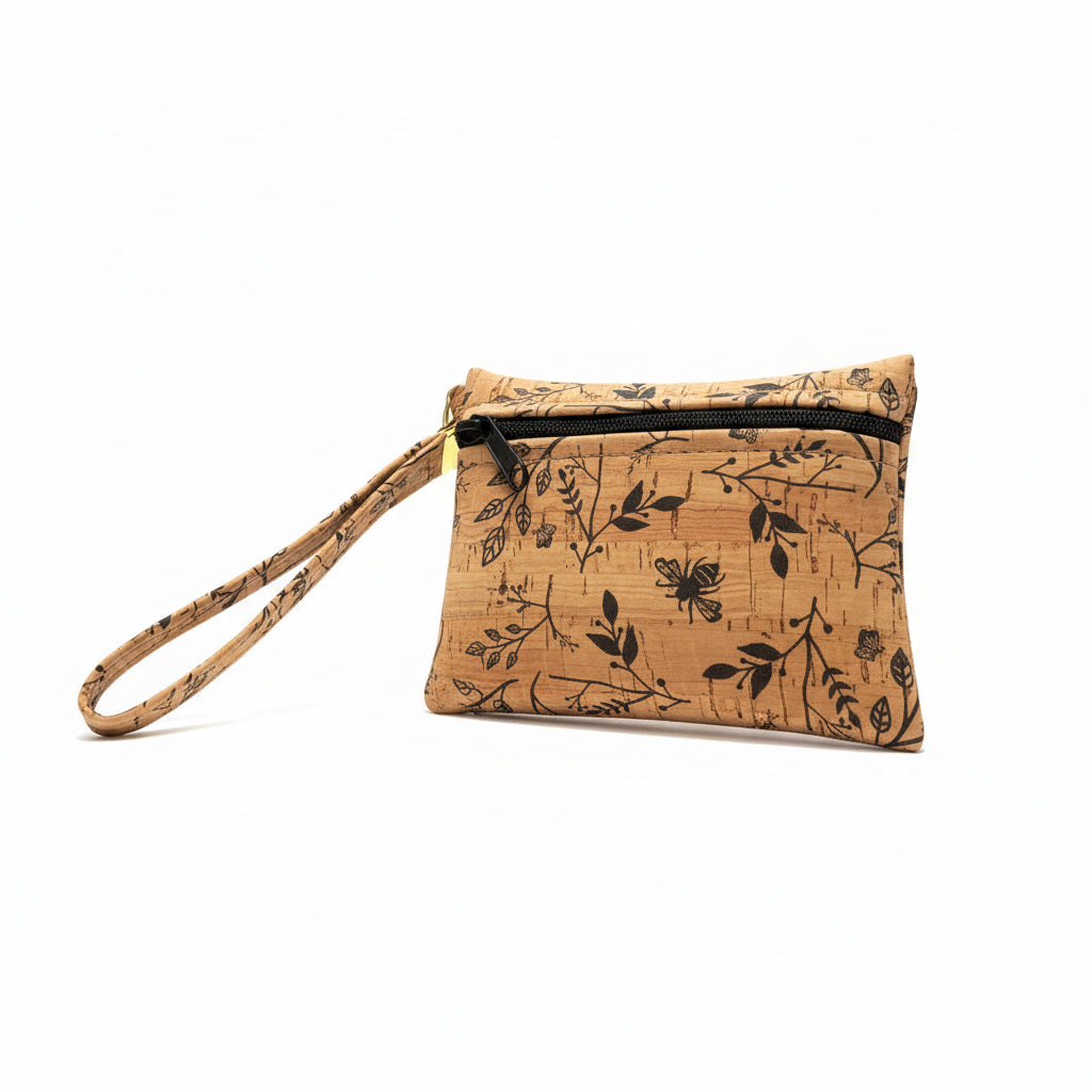 Cork Zipper Pouch, Key Ring & Wristlet in Black Floral