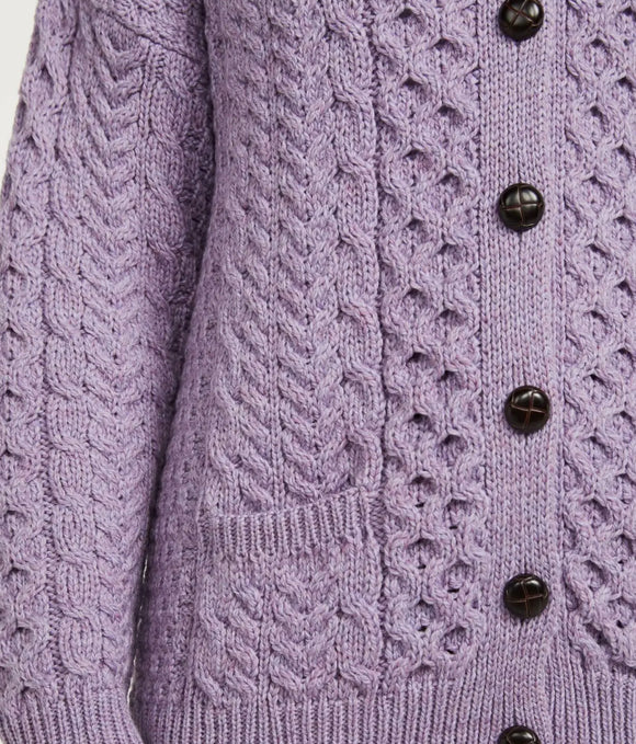 Aran Woolen Mills Achill Island Ladies Aran  Cardigan Lavender Lg