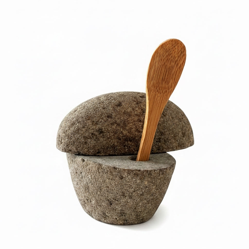 Funky Rock Beach Stone Salt Cellar w/Bamboo Spoon