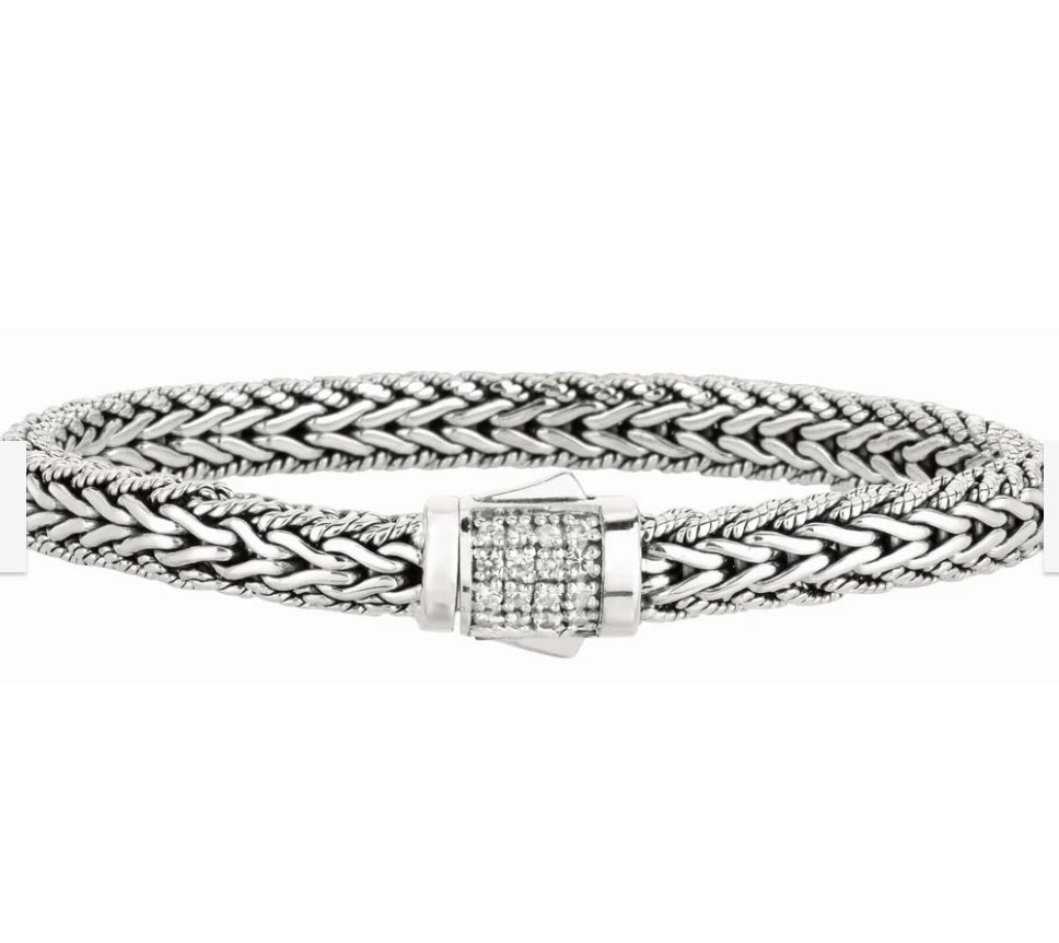 Phillip Gavriel Woven Palmier Bracelet SS w/ Wte Sapphire Clasp