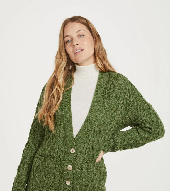 Aran Woolen Mills Valentia Trelis Ladies Aran Cardigan Green Med