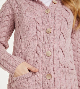 Aran Woolen Mills Belcarra Ladies Aran Cardigan Blush Pink  Med