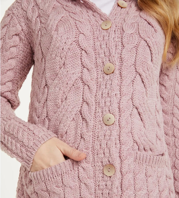 Aran Woolen Mills Belcarra Ladies Aran Cardigan Blush Pink  Med