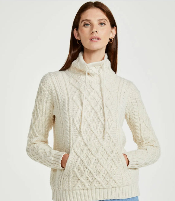 Aran Woolen Mills Enniscoe Drawstring Aran Sweater Cream Med