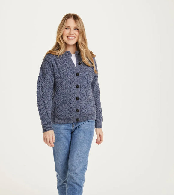Aran Woolen Mills Achill Island Ladies Aran  Cardigan Denim Lg