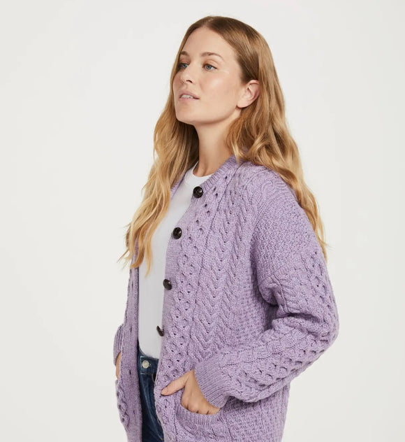 Aran Woolen Mills Achill Island Ladies Aran  Cardigan Lavender Med