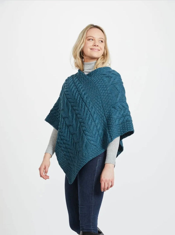 Aran Woolen Mills Aasleagh Ladies Aran  Poncho Teal one size