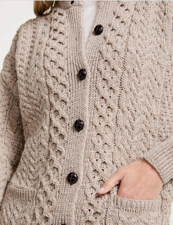 Aran Woolen Mills Achill Island Ladies Aran  Cardigan Oat Lg