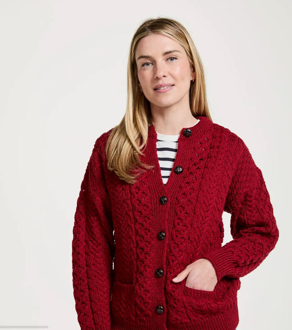 Aran Woolen Mills Achill Island Ladies Aran  Cardigan Red