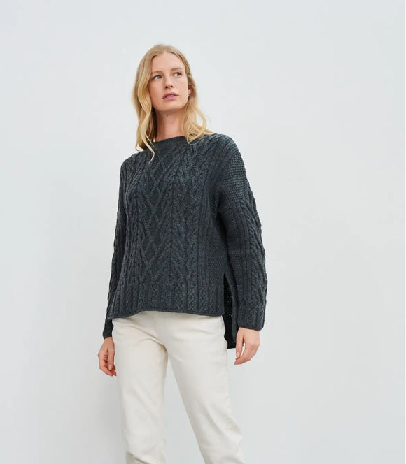 Aran Woolen Mills Tully Box Aran Sweater Slate Grey