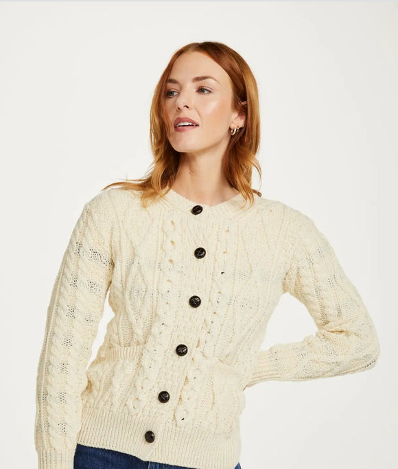 Aran Woolen Mills Inagh Ladies Aran Cardigan Cream