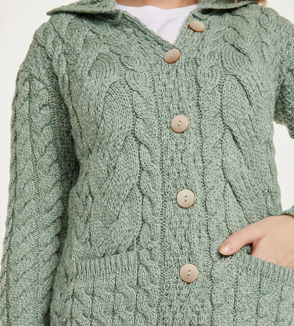 Aran Woolen Mills Belcarra Ladies Aran Cardigan Mint Green