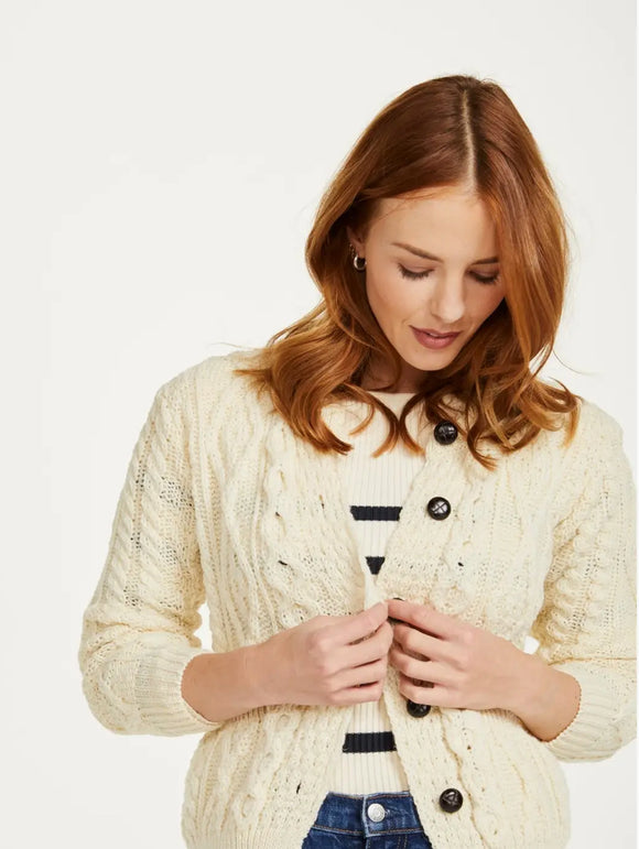 Aran Woolen Mills Inagh Ladies Aran Cardigan Cream Lg