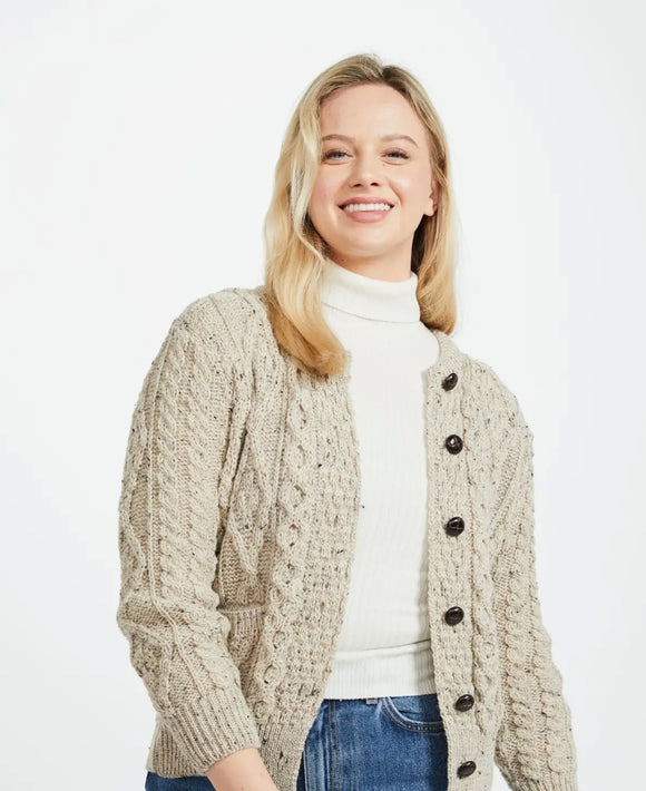 Aran Woolen Mills Inagh Ladies Aran Cardigan Oat Med