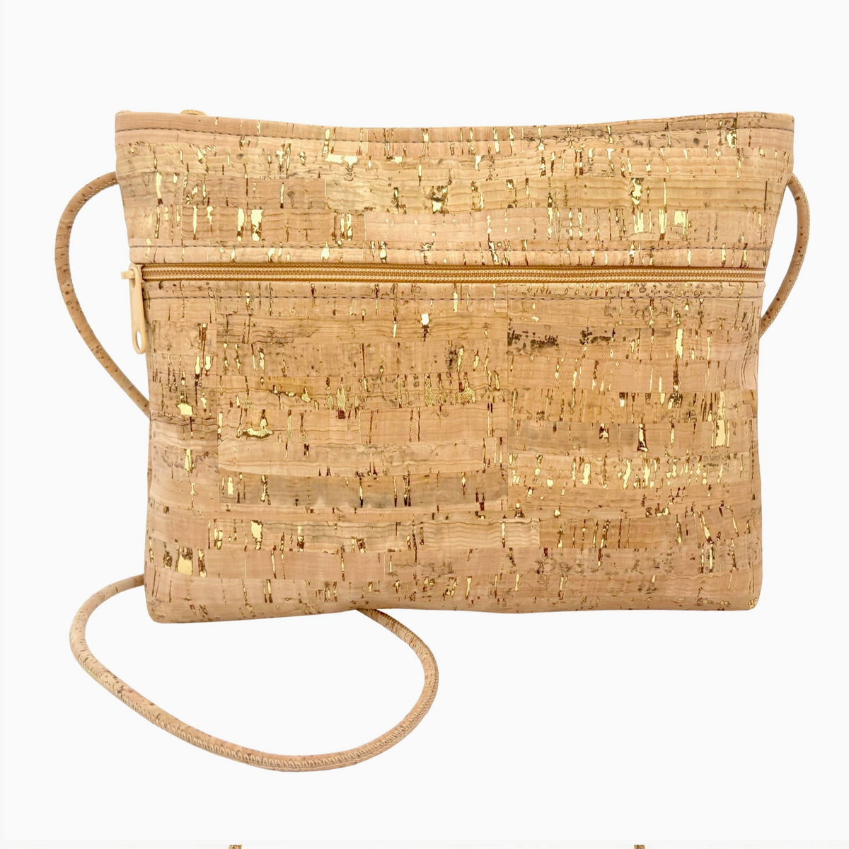 Natalie Therese Cork Zip Top Cross Body Bag w/ Zip Pocket | Gold Flecked