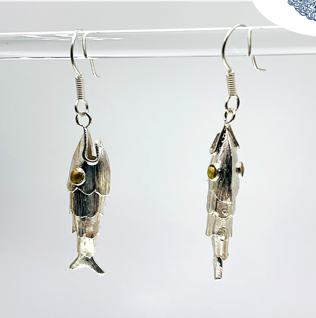 East Wind Articulated Fish w/Gold Leaf Eyes Earrings