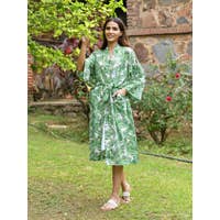 Handprint Frond Green & white Kimono