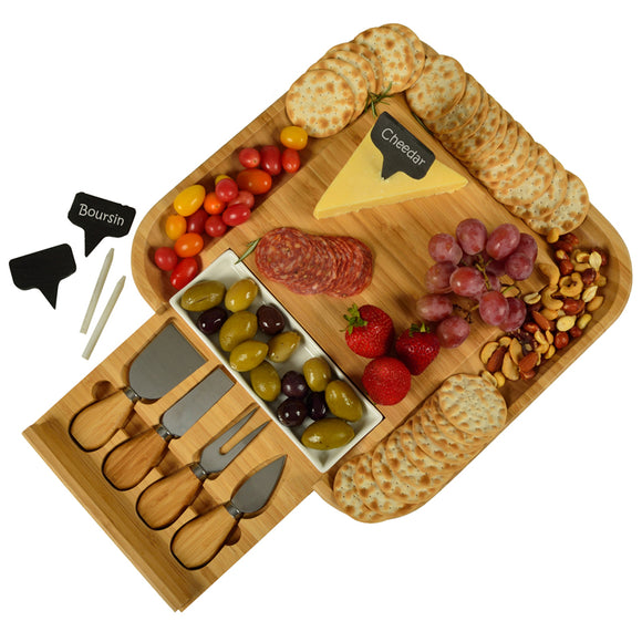 Picnic At Ascot Malvern Cheese Board Set – Bamboo Serving Tray With Cracker Rim & Hidden Tool Drawer