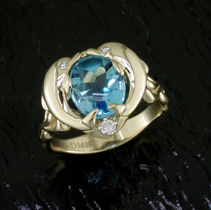 Steven Douglas Gold Kissing Dolphin Ring with Buff Top Blue Topaz & Diamonds