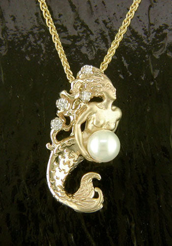 Steven Douglas Curling Mermaid with a Pearl and Diamonds Pendant
