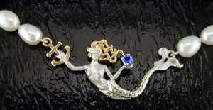 Steven Douglas Sterling Silver and Gold Mermaid with a Blue Sapphire on a Freshwater Pearl Necklace