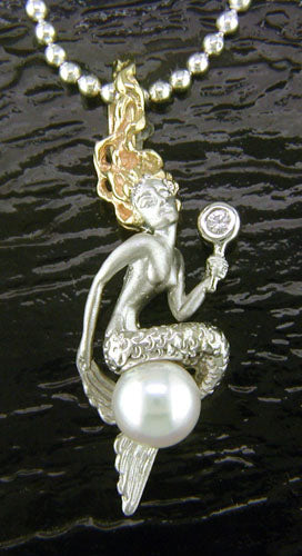 Steven Douglas Loreli Sterling Silver and Gold Mermaid sitting on a Pearl with a White Sapphire Pendant