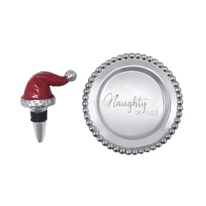Mariposa Santa Hat Bottle Stopper and "Naughty or Nice" Wine Plate