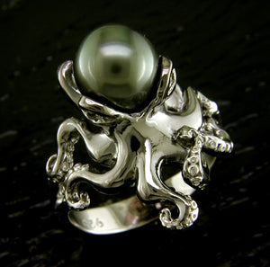 Steven Douglas Sterling Silver & Rhodium Octopus with a Tahitian Pearl and White Sapphire Ring